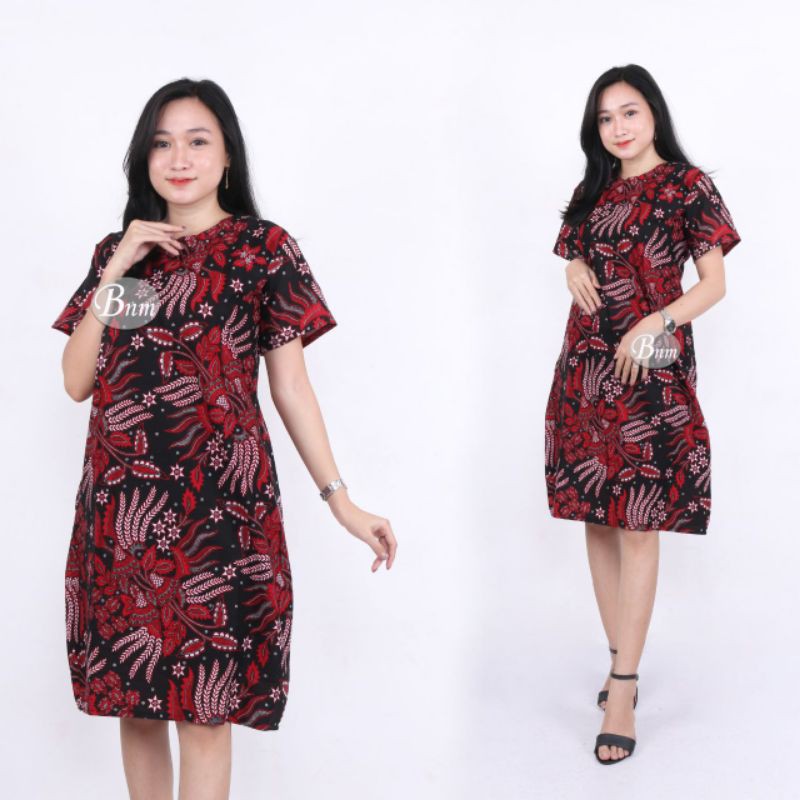 Dress Batik Wanita Modern Lengan Pendek Casual Modis Trendy M L XL XXL Jumbo Original DNT Batik Solo-Motif 10