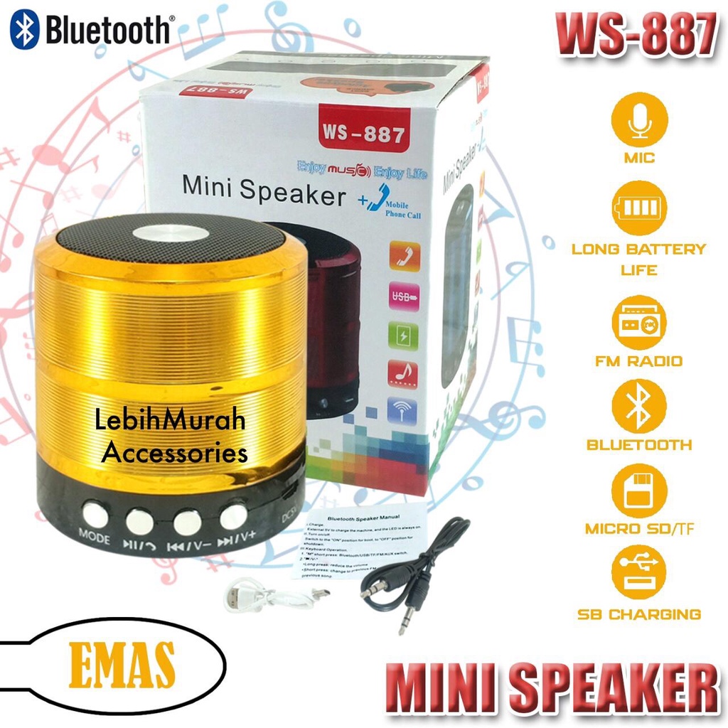 Speaker Bluetooth Music Box Motif Chorme Type WS887 Speaker Wireless Stereo WS 887 Speaker Mini Speaker Aktif