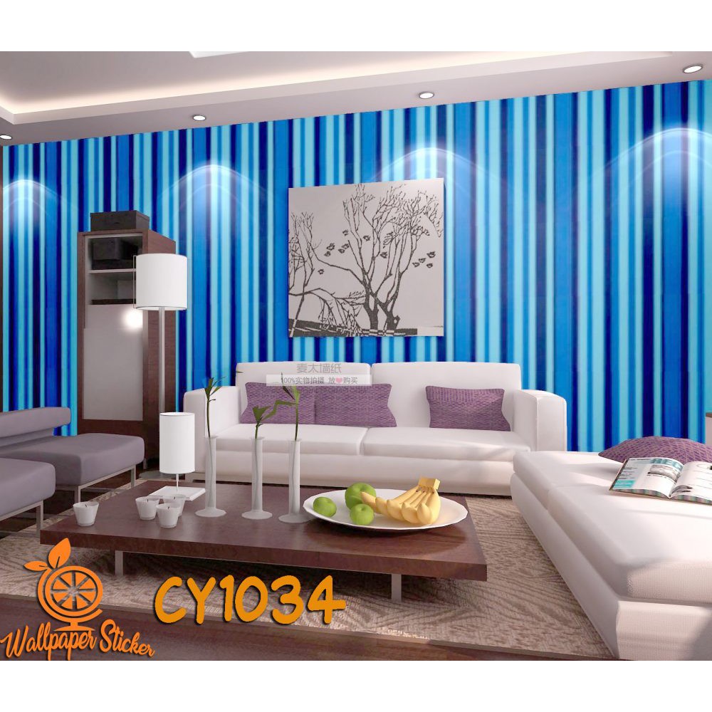 (COD) Wallpaper Stiker Dinding / Walpaper dinding Kamar Tidur Wallpaper Motif Salur Biru Blaster Bahan PVC Premium (SUDAH ADA LEM)