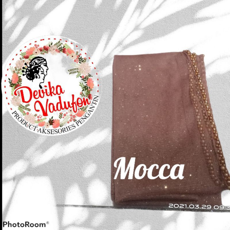 SLAYER veil HIJAB PENGANTIN  kerudung /selayer  tuile gliter mutiara, wisuda, ondangan, pesta-Mocca
