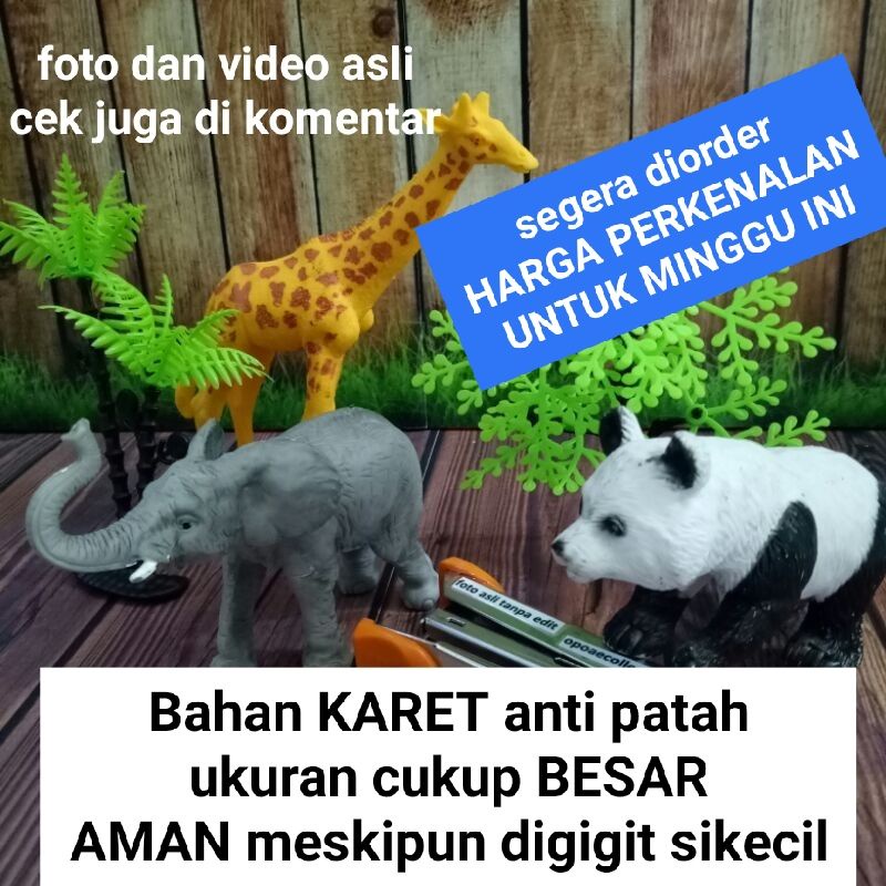 mainan miniatur hewan karet besar isi 3 binatang 2 pohon
