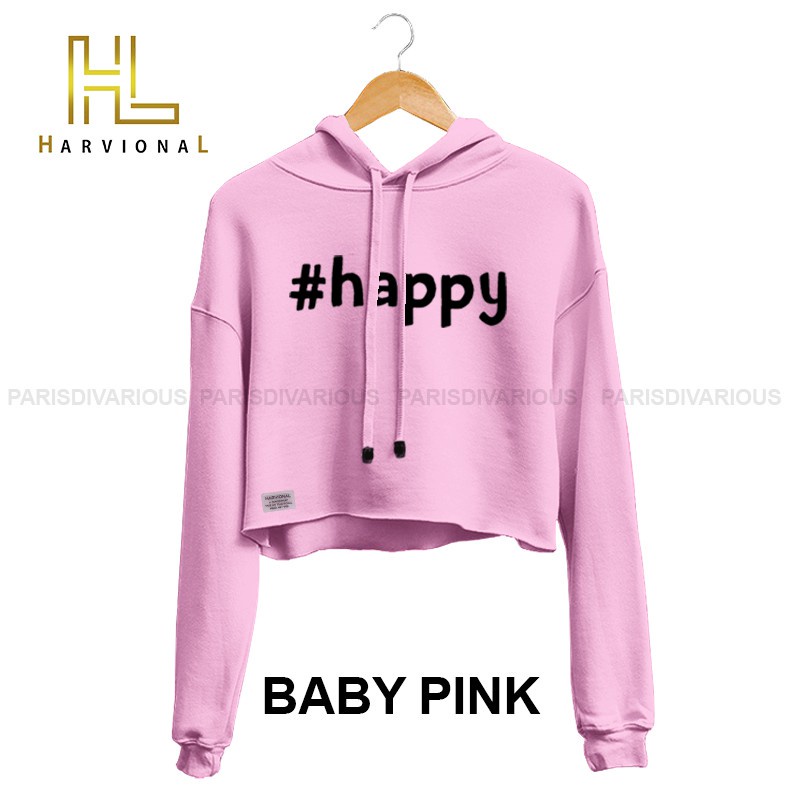 SWEATER CROP HOODIE HAPPY BAHAN FRENCHTERRY TERLARIS