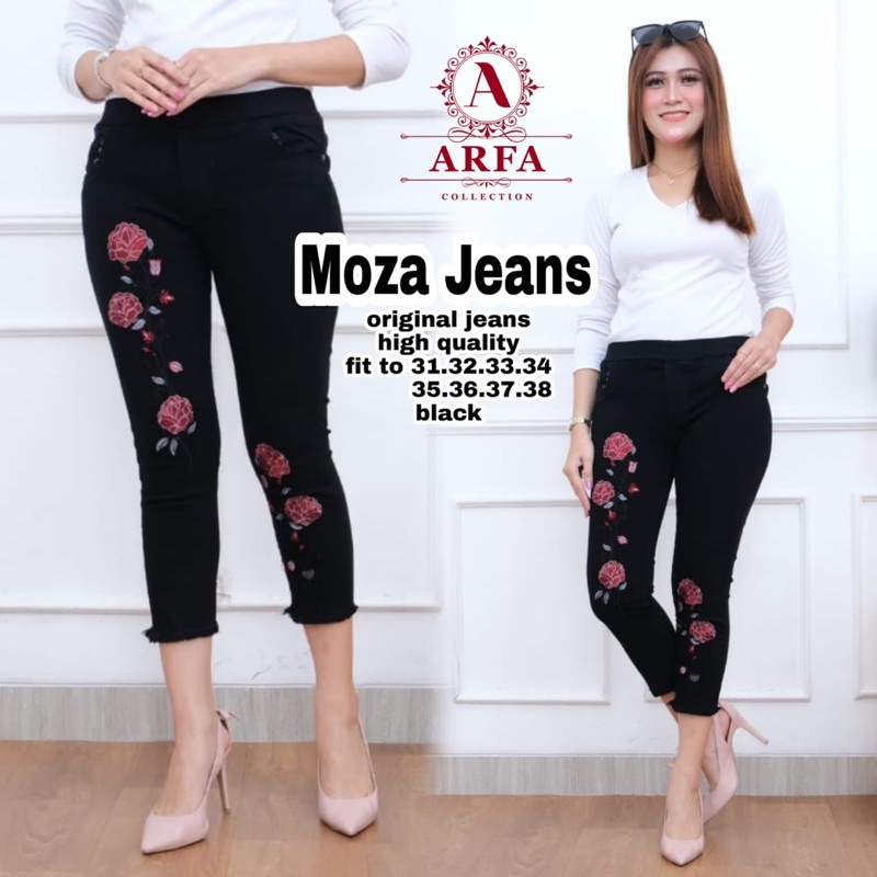 MOZA JEANS BORDIR BUNGA|CELANA JEANS BORDIR BUNGA PINGGANG KARET