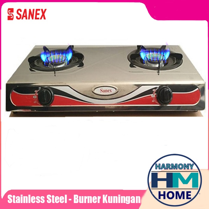 Kompor Gas Sanex 2 Tungku Stainless Steel Api Biru Bonus Selang PAKET REGULATOR Caisar 1.8 Meter ber SNI