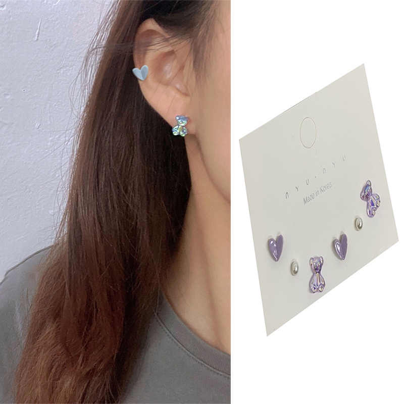 3 Pasang In S925 Sterling Silver Aurora Bear Keramik Cinta Anting-Anting | Warna Mutiara Musim Panas Ins Girl Ear Stud