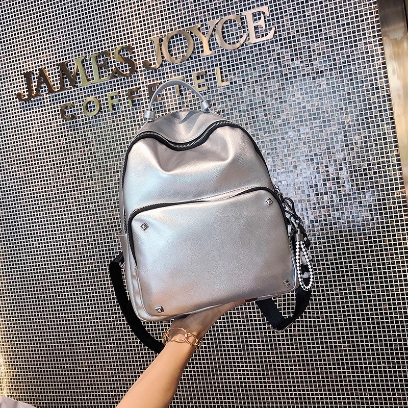 Tas Ransel Wanita Mini Bahan PU Warna Silver/Putih/Hitam Polos Aksen