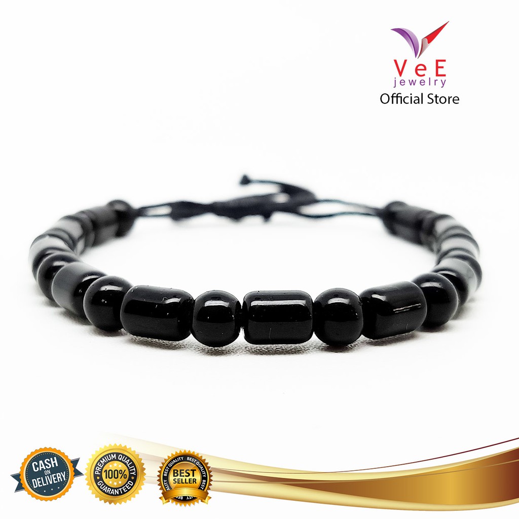 Gelang Batu Giok China Asli Hitam 6mm Bola Tabung - VeE Gelang Tali Kesehatan Anti Virus