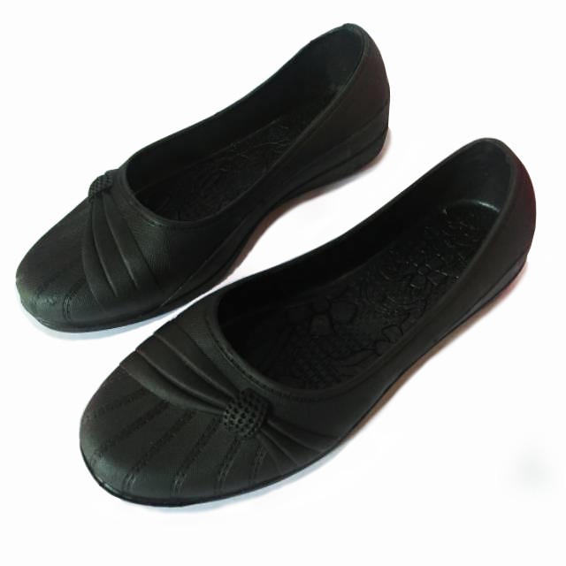 Sepatu pantofel karet wanita hitam balet pita flat bisa dirajut