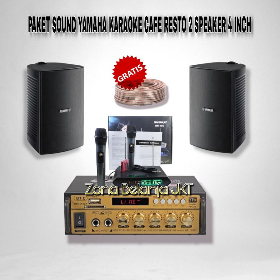 PAKET SOUND YAMAHA VS4 4 INCH SPEAKER KARAOKE CAFE RESTO 2 SPEAKER AMPLI USB BLUETOOTH MIC WIRELLES (YMH-2)