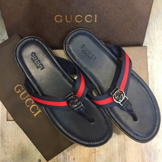 SENDAL JEPIT PRIA FASHION - SANDAL FLIP FLOP KULIT ASLI MURAH - GUCCI - NAVY