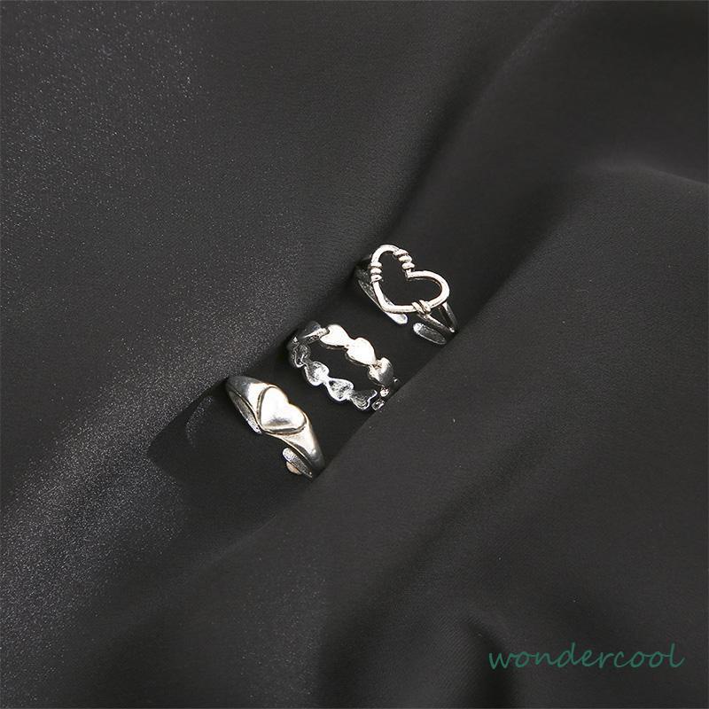 3pcs Cincin Model Terbuka Desain Gelombang Hati Warna Silver Gaya Vintage Untuk Wanita-Won