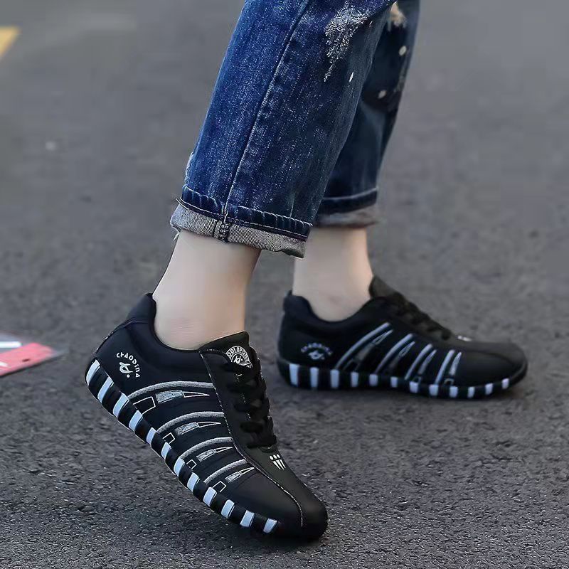 Kano style Fashion Wanita PU Striped Leather Casual Lace-up Sneakers