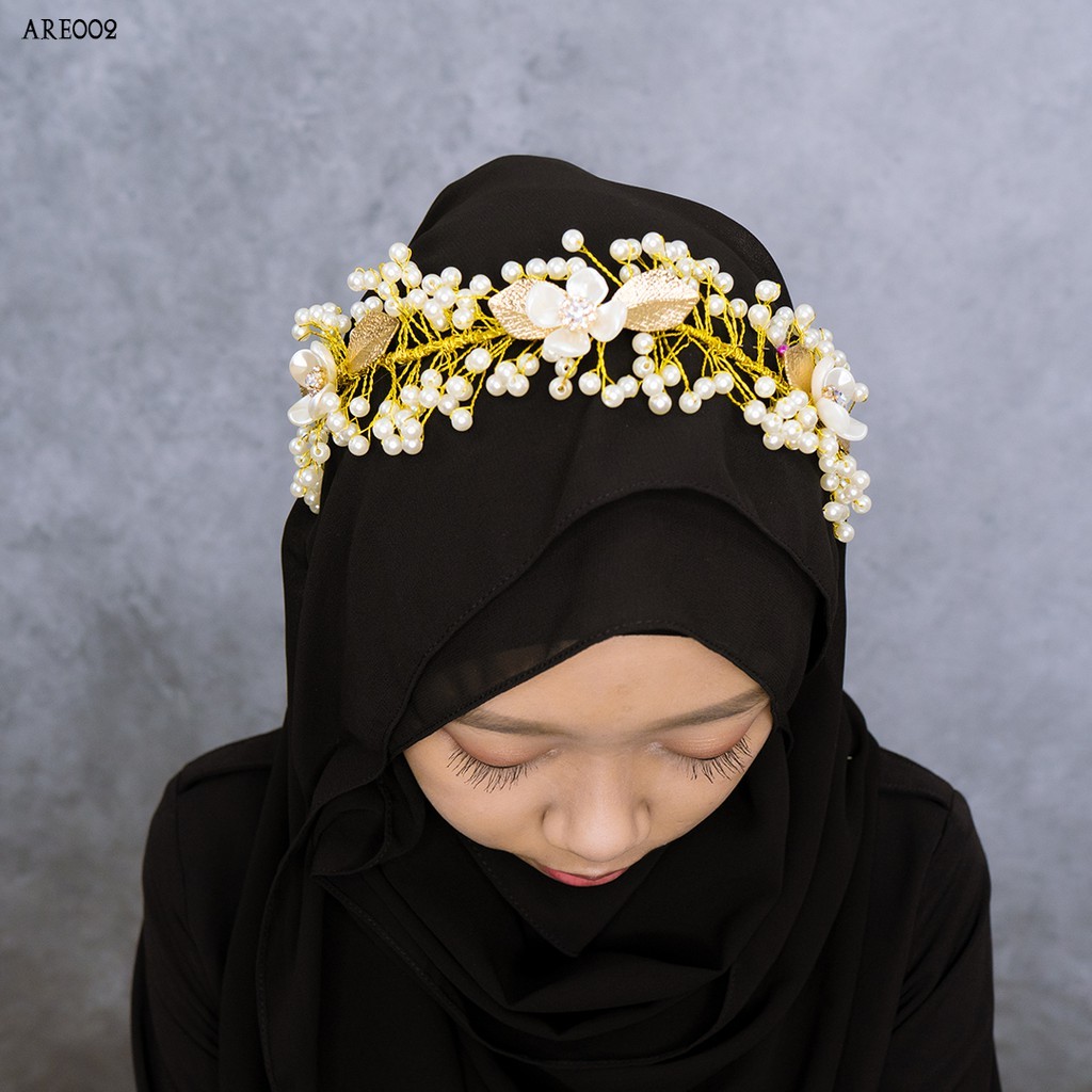 [STOK TERBATAS] SETELAN TIARA AKSESORIS PESTA BUNGA MUTIARA EMAS ARE002