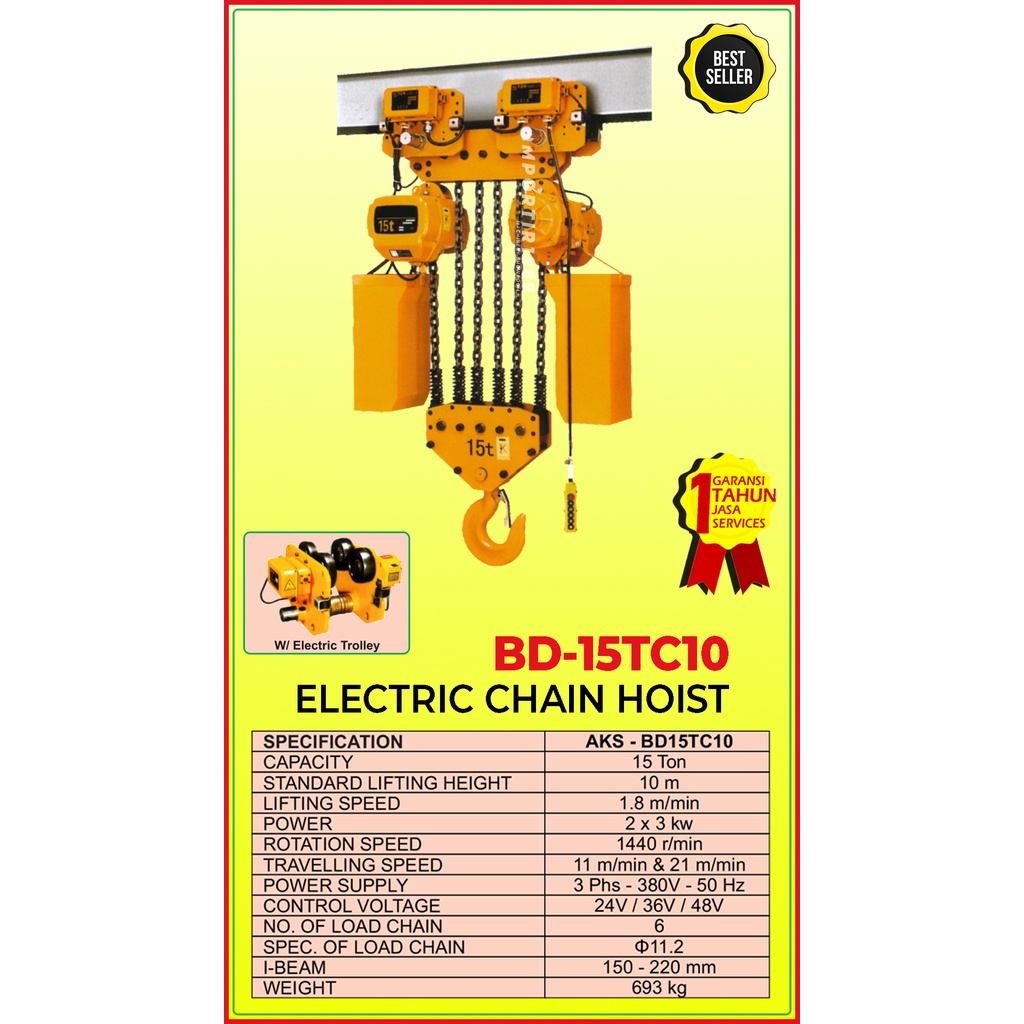 Katrol Listrik Kerekan Takel Electric Chain Hoist 15 Ton 10 m 2 x 3 kw