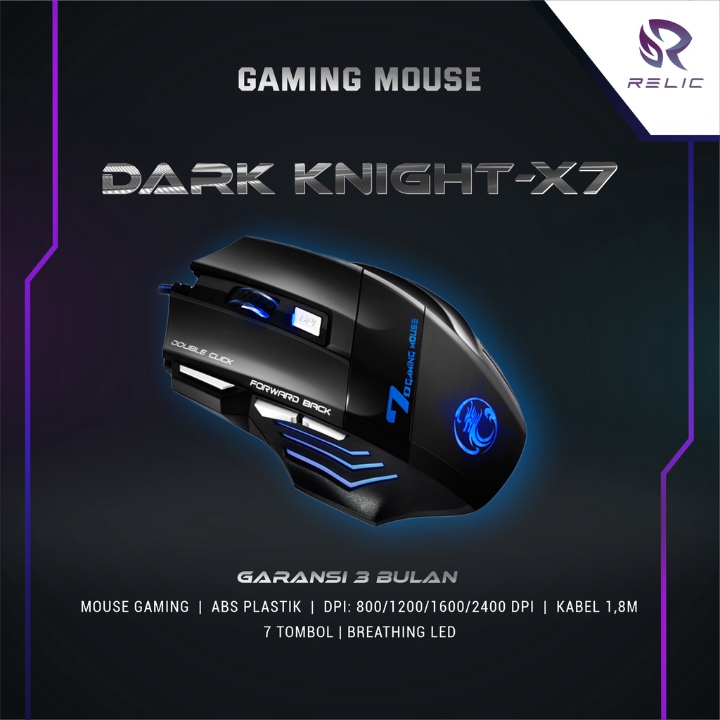 Mouse Gaming LED 7 Button 2400DPI Dark Knight Relic Dark Night LED 7 Button 2400DPI USB Aksesoris Laptop Komputer - X7