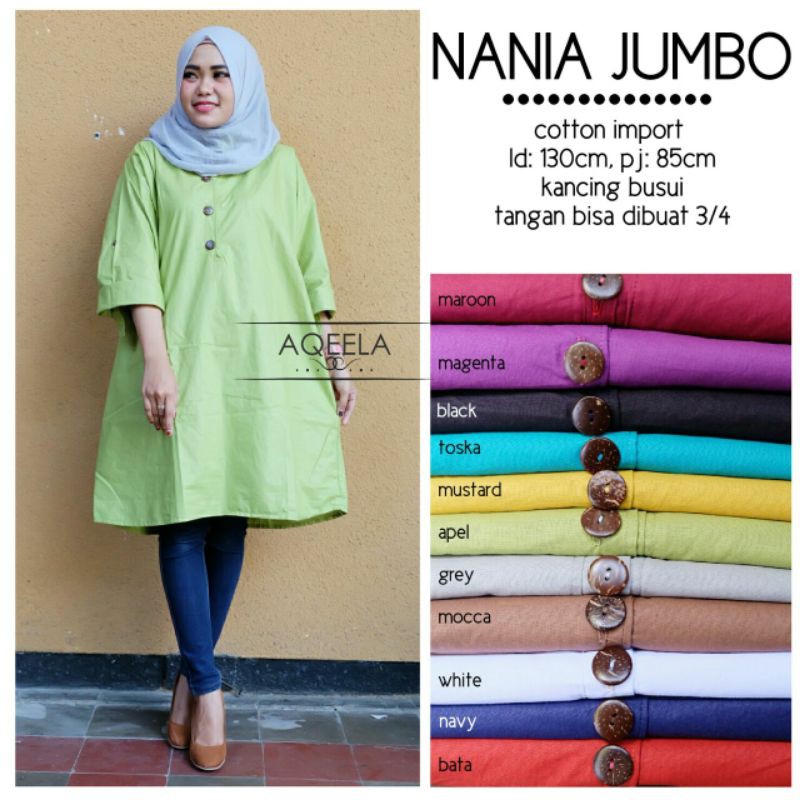 (COD) Nania Jumbo Putih White Tunik polos hitam Black Long tunic Ld 130 Katun Halus HQ tangan bisa 3
