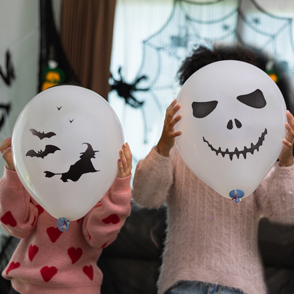 10 Pcs Balon Latex Motif Print Wajah Hantu Penyihir Kelelawar Laba-Laba Untuk Dekorasi Pesta Halloween