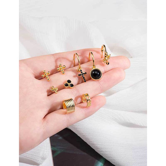 LRC Anting Tusuk Fashion Golden Cross Cactus Pigeon Ear Stud Set D63523