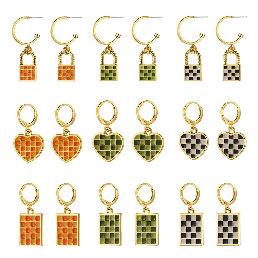 Anting Bentuk Hati Motif Kotak-Kotak Warna-Warni Untuk Wanita