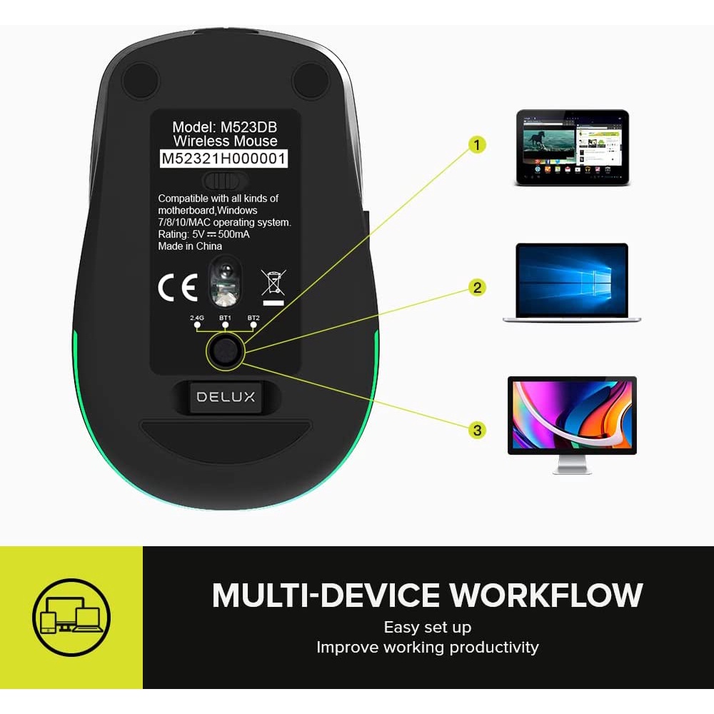 Delux M519GD M523DB Wireless Multi-Device Bluetooth Mouse Ergonomic