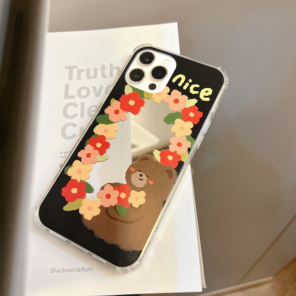 Case Motif Kartun Beruang Dengan Cermin Untuk Iphone 7 8 PLUS X XR XS 11 12 13 MINI PRO MAX SE 2020