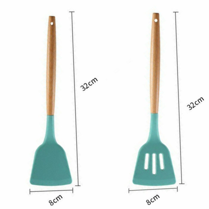 Sutil Spatula Silikon Tahan Panas Gagang Kayu Slotted Silicone Turner