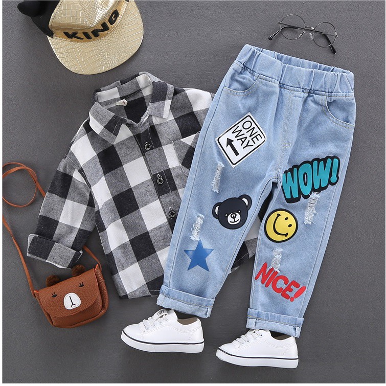 Celana panjang jeans anak import motif wow / french fries