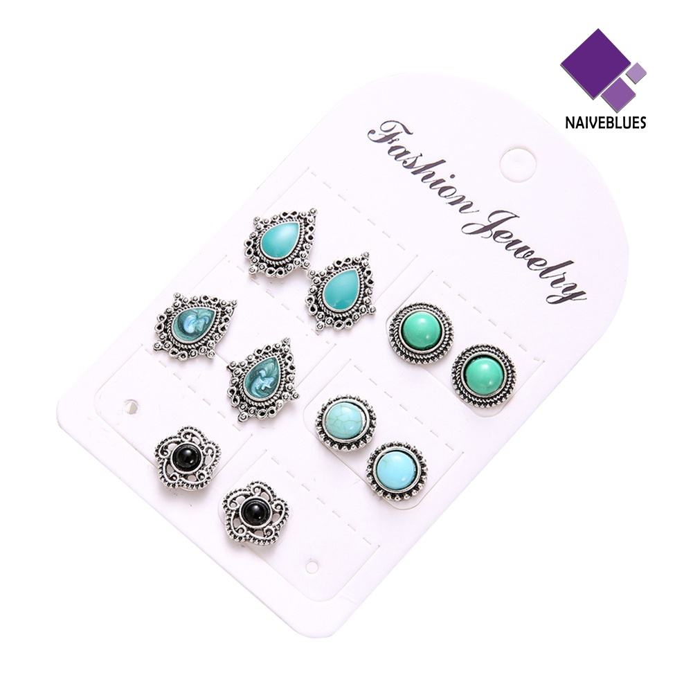 Naiveblue 5 Pasang Anting Tusuk Gantung Desain Tetesan Air Hias Turquoise Imitasi Gaya Bohemia Untuk Wanita