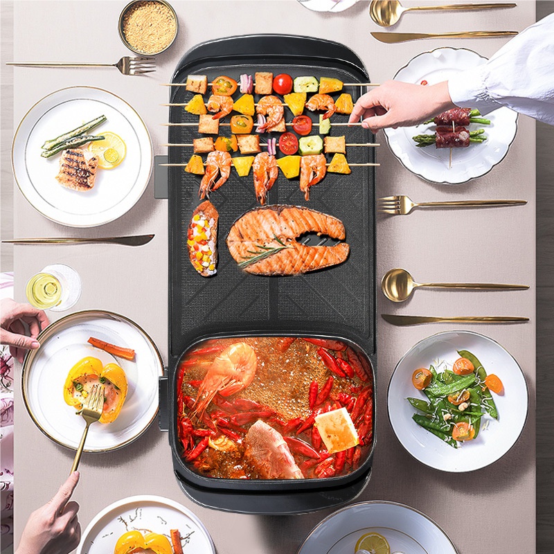 Panggangan Elektrik Multifungsi 2 in 1 Teppanyaki Pan Denki Griddle Steamboat BBQ Grill and Pan