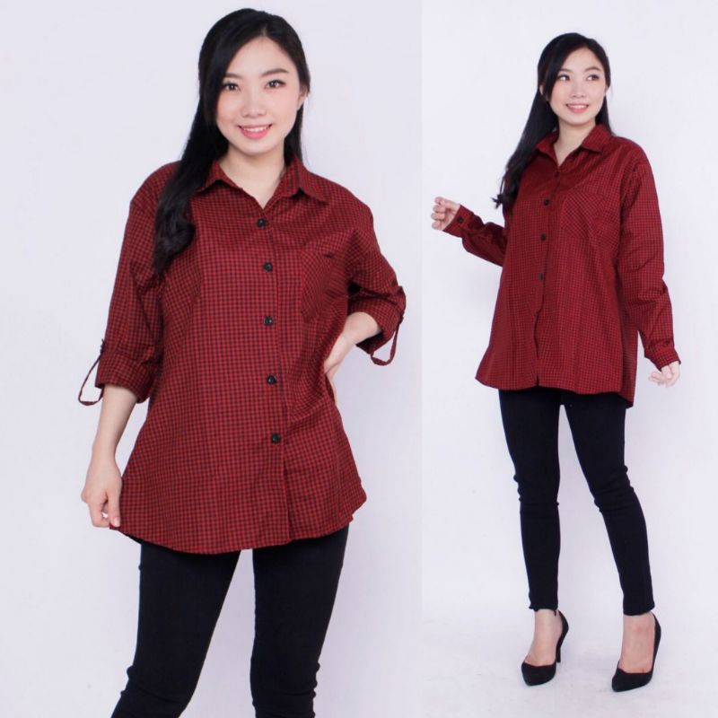 Kemeja Wanita Basic Lengan Panjang Katun Kotak Trendy/ Atas Wanita-Marun