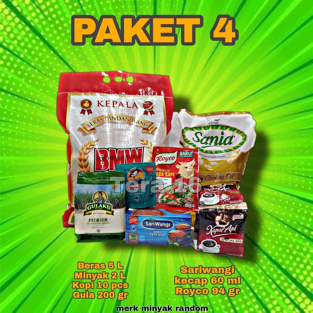 

paket 4 beras minyak gula teh kecap kopi royco
