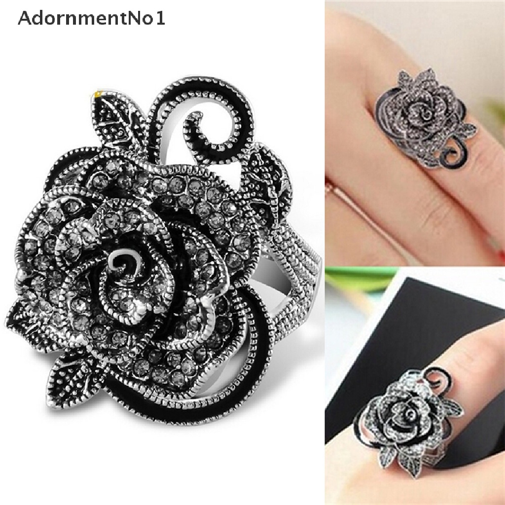 (AdornmentNo1) Cincin Gaya Retro Vintage Motif Bunga Mawar Aksen Kristal Hitam Untuk Perhiasan Wanita / Hadiah