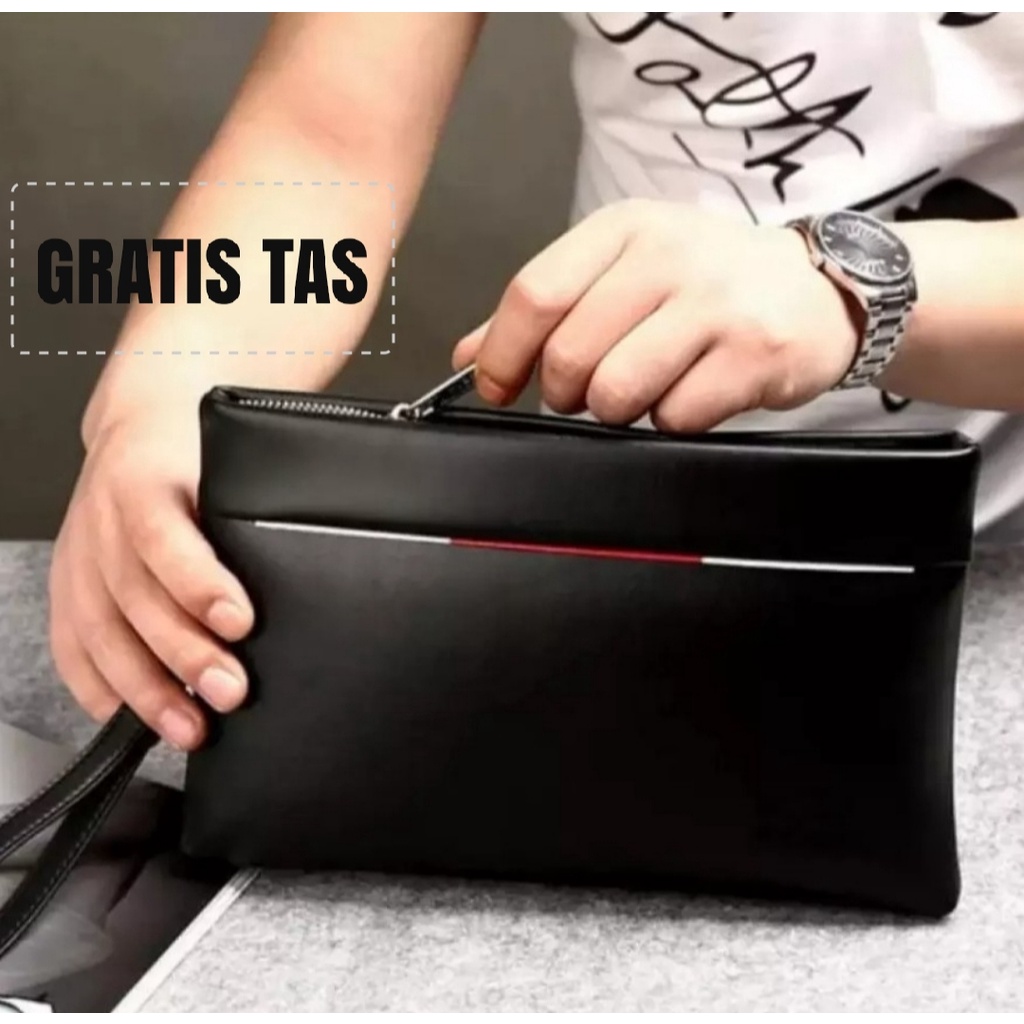 Handbag semi kulit pouch clutch dompet cowok pria laki-laki BUY 1 FREE 1 Tas Tangan Fashion Kasual - Tas Tangan Pria