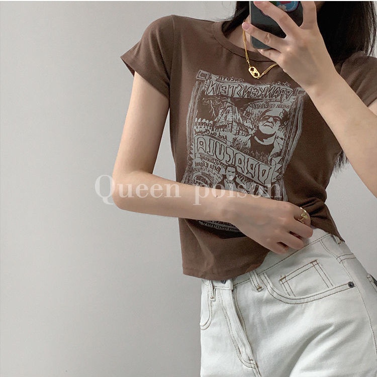 Suhao Kaos Wanita Lengan Pendek Musim Panas Baru Eropa dan Amerika Street Vintage High Street Bm Style Slim Fit Short Top