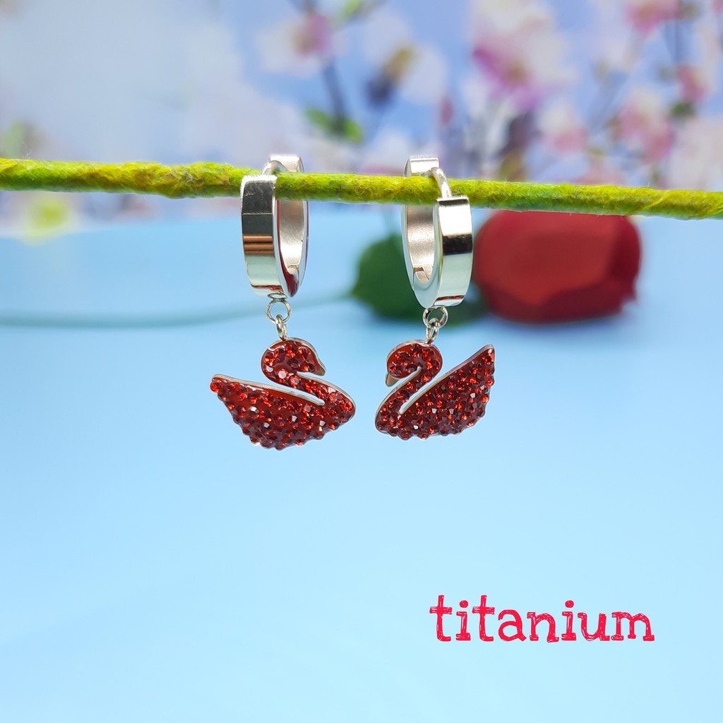 Anting Jepit Titanium Swan Kristal Putih Gantung Warna Rose Gold, Gold dan Silver