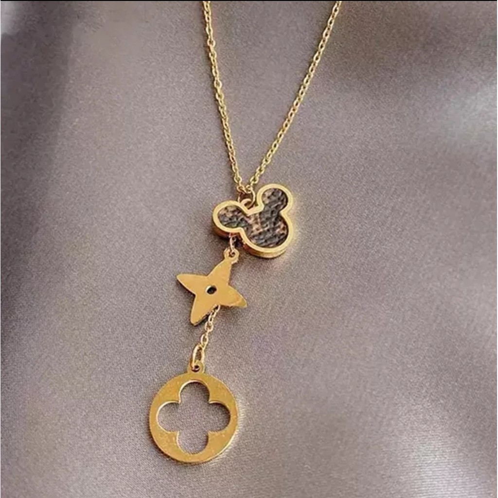 Kalung Titanium L* Kulit Sintetis Mickey Tersedia Warna Rose Gold dan Gold