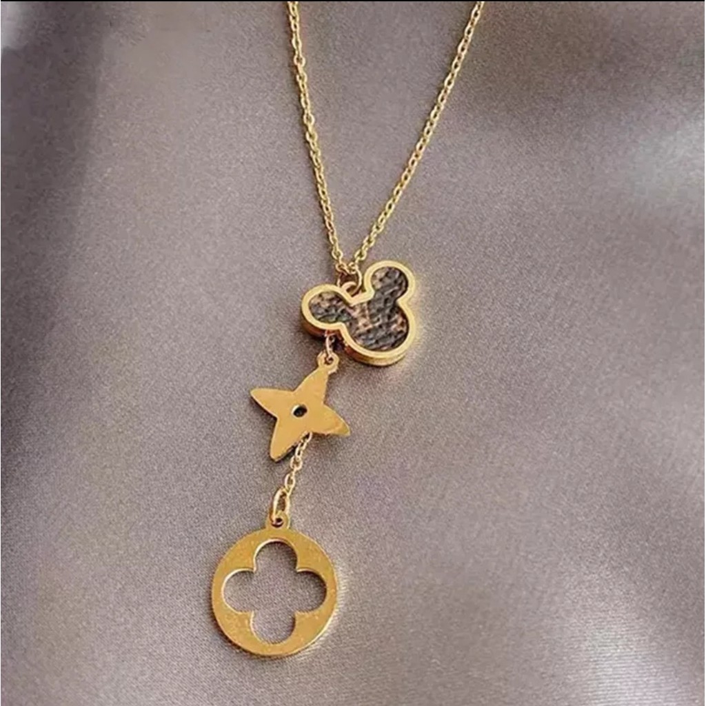 Kalung Titanium L* Kulit Sintetis Mickey Tersedia Warna Rose Gold dan Gold