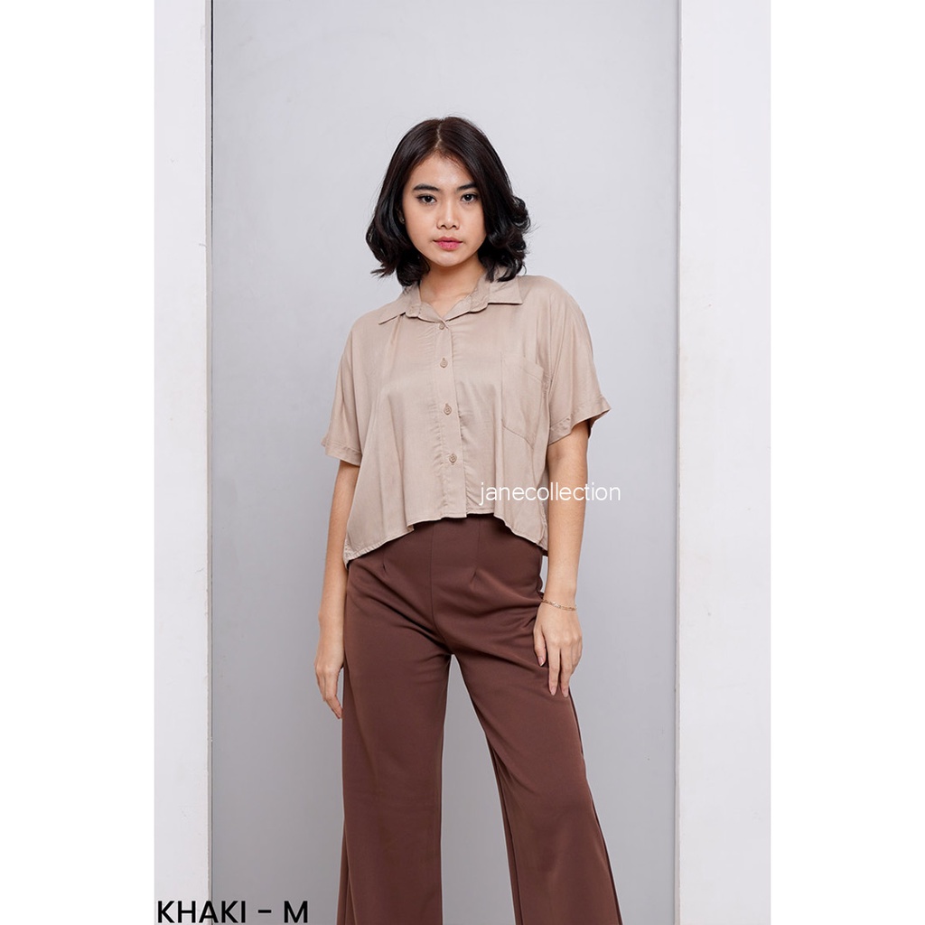 JANE COLLECTION || Kemeja Kerja Wanita Kancing Lengan Pendek M L XL XXL Ukuran Jumbo Oversize Crop Top Katun Rayon - Basic Crop Shirt