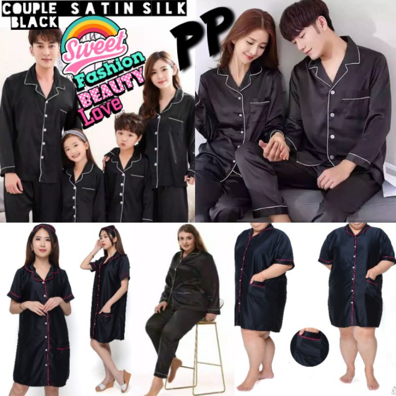 pakaian tidur piyama couple lengan panjang setelan satin polos hitam