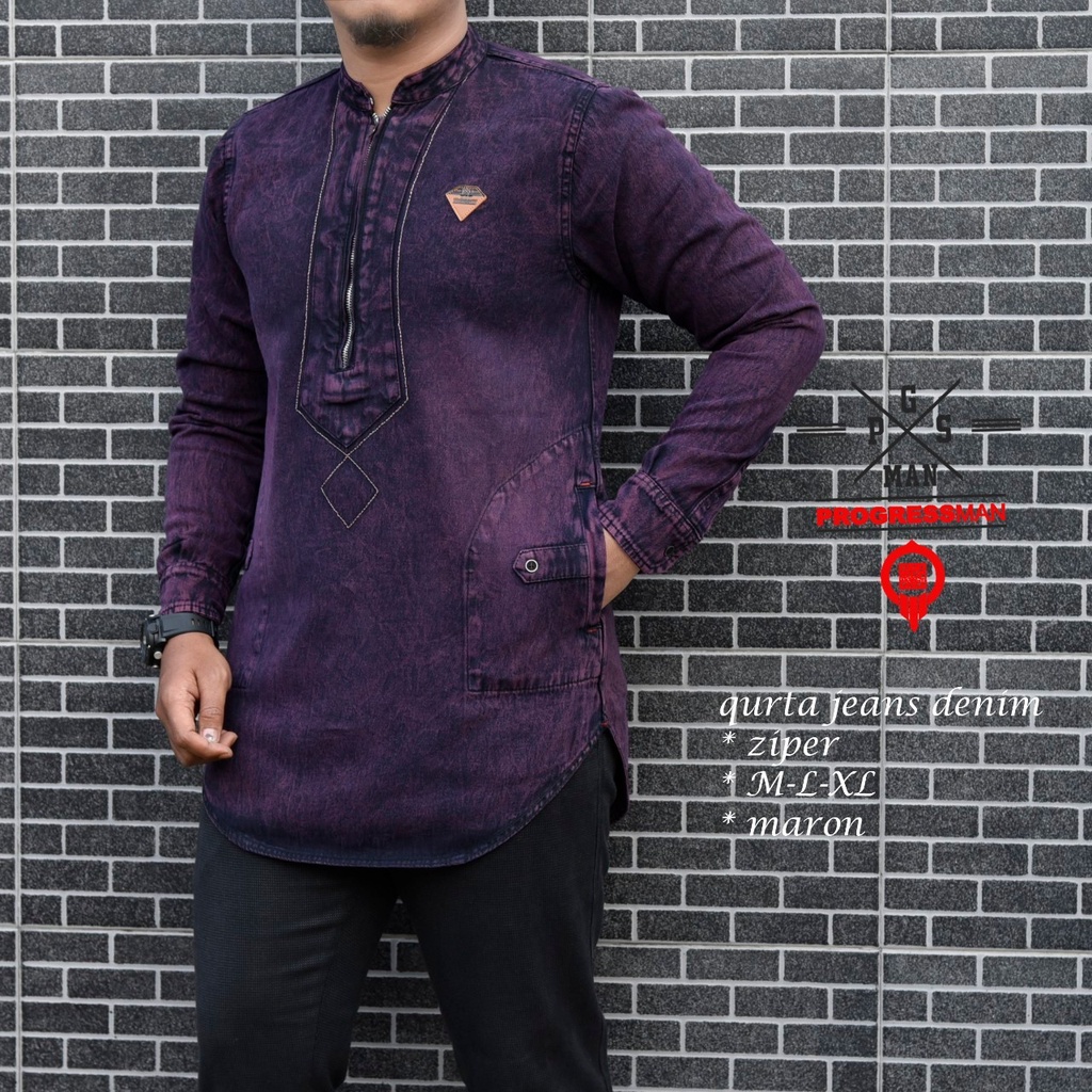 BAJU KOKO KURTA JEANS DENIM SHOLAT PRIA DEWASA BAJU KOKO DENIM PRIA MUSLIM BAJU KURTA LENGAN PANJANG
