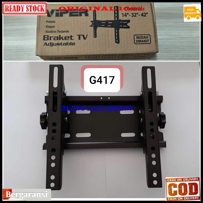 G417 Breket tv full besi 15 -32 in inci bracket televisi flexible gantungan led tembok mount wall dinding LCD komplit fungsi universal semua merek serba bisa multi guna adjustable ORIGINAL G417   BAHAN FULL BESI  BISA DISETING 15 sampai 32 inci a