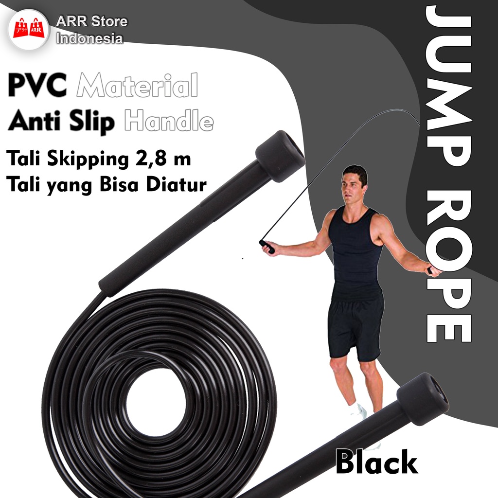 Skipping Jump Rope Lompat Tali ANTI Slip Bahan PVC, PP Adjustable 2,8 m Impor Hitam