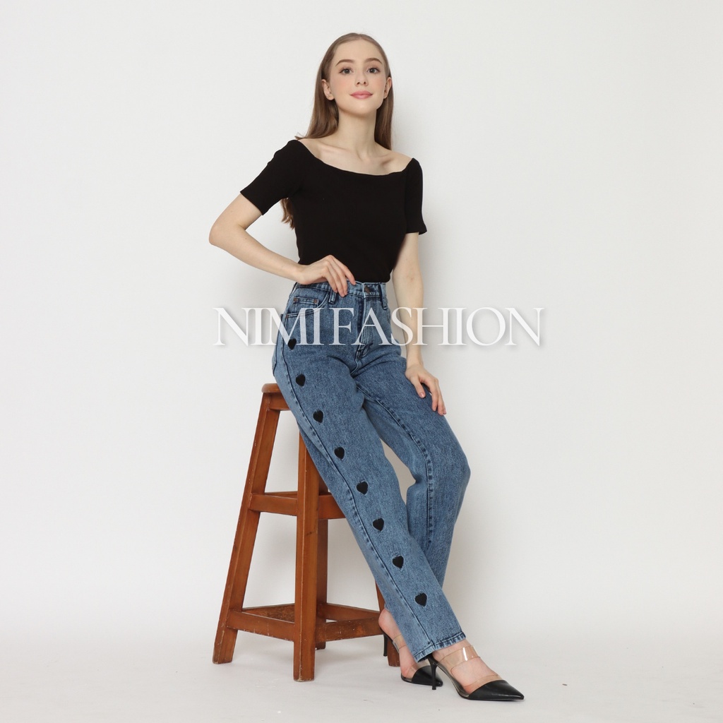 Nimi Celana Jeans High Waist Wanita Loose Jeans Love
