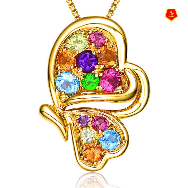 [Ready Stock]Colorful Gem Love Heart Pendant Gold Butterfly Necklace Fashion