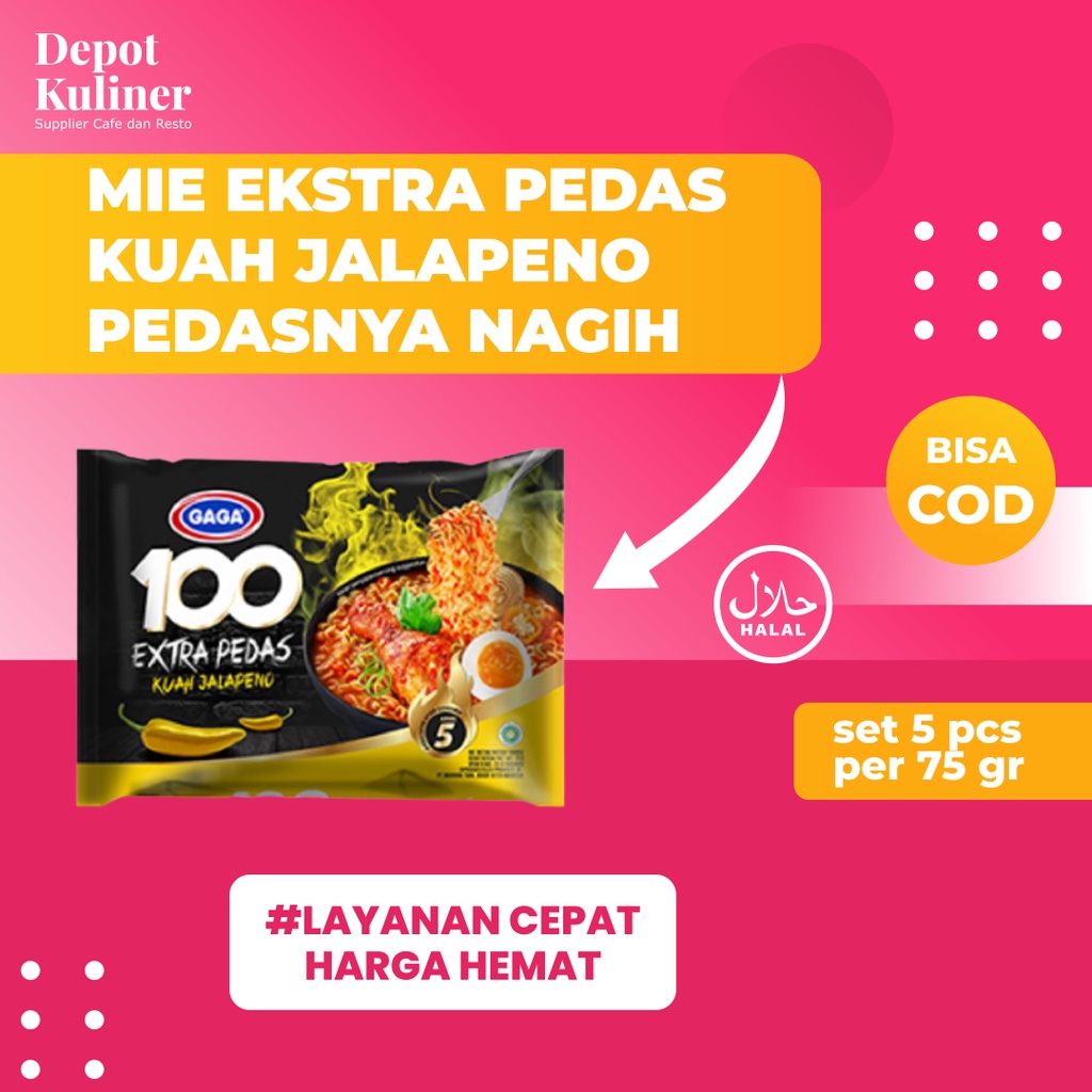 5 Pcs Mie Instant Gaga 100 Extra Pedas Kuah Atau Goreng Jalapeno 75GR