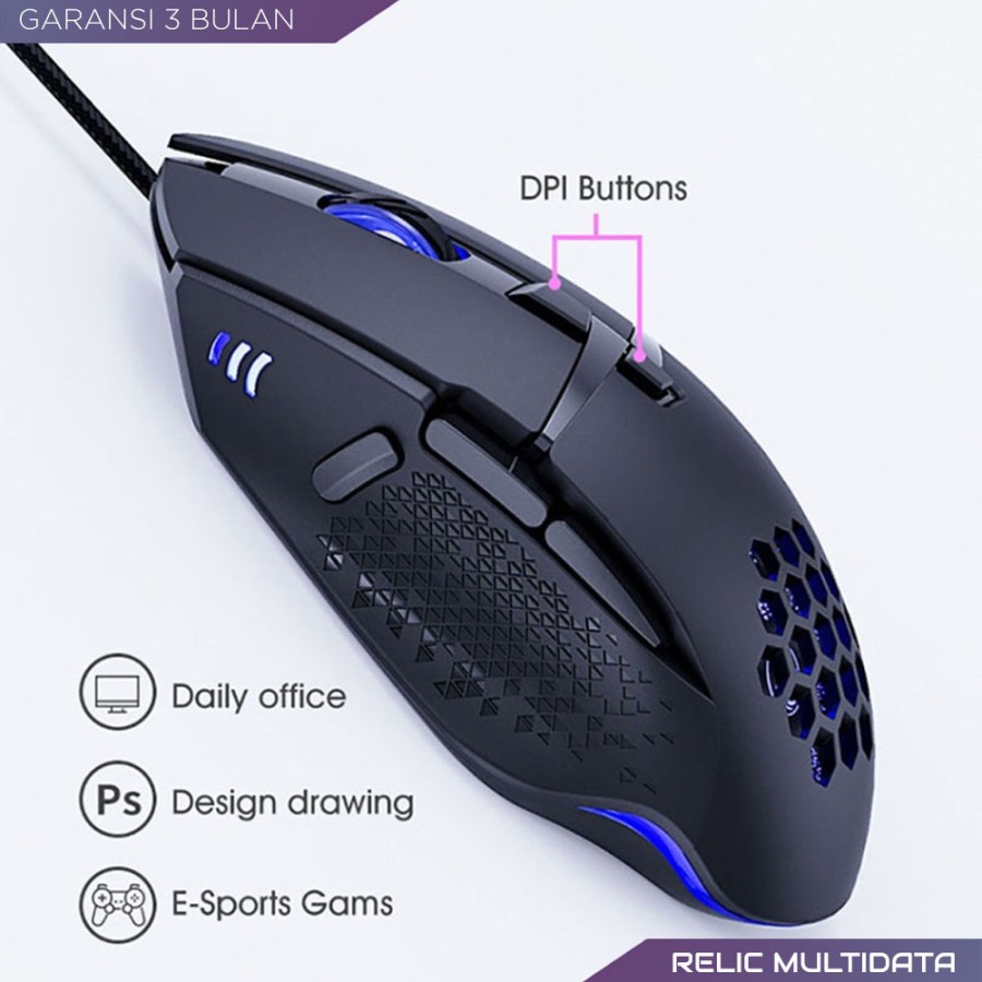 Mouse Gaming Ergonomis 7200DPI 4 LED USB 8 Buttons Aksesoris Laptop Desktop Relic T90 Termruah Premium