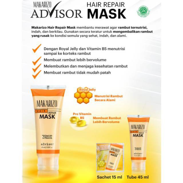 (45ml) Makarizo Advisor Hair Repair Mask BPOM / Makarizo Advisor Hair Repair Mask 15ml Sachet 45ml Tube