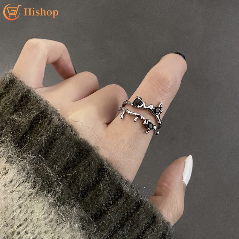 Set Cincin Model Terbuka Desain Cabang Bunga Aksen Kristal Warna Hitam Gaya Vintage Untuk Wanita