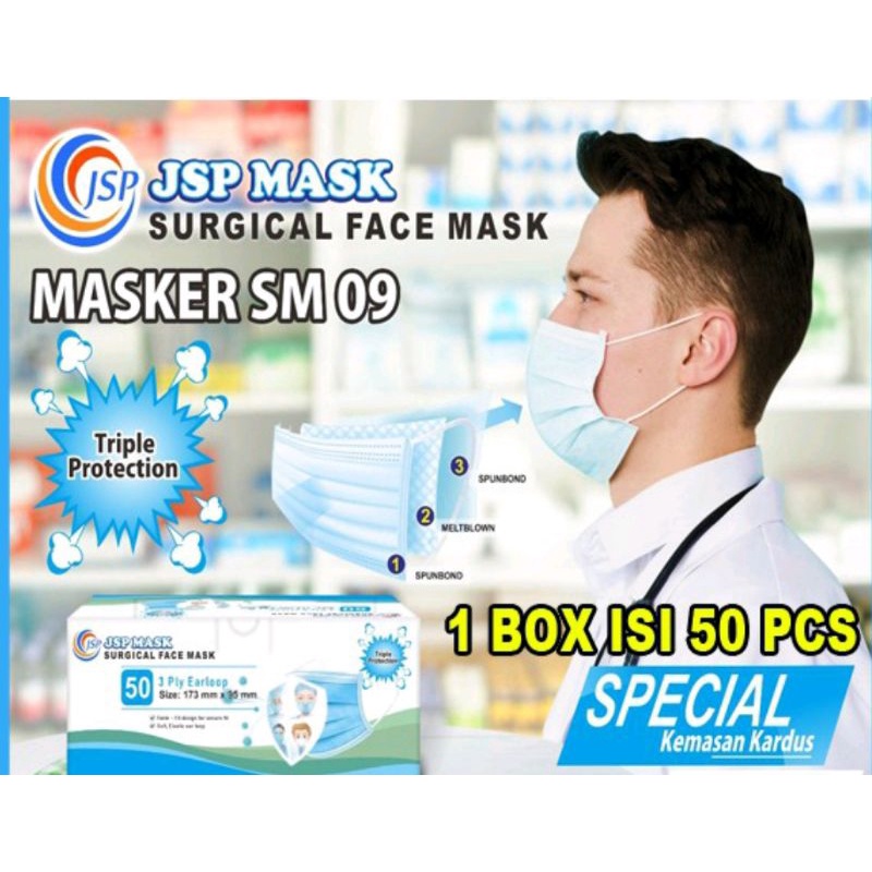 MASKER MEDIS JSP 3 PLY ISI 50 PCS / FACE MASK JSP IZIN KEMENKES