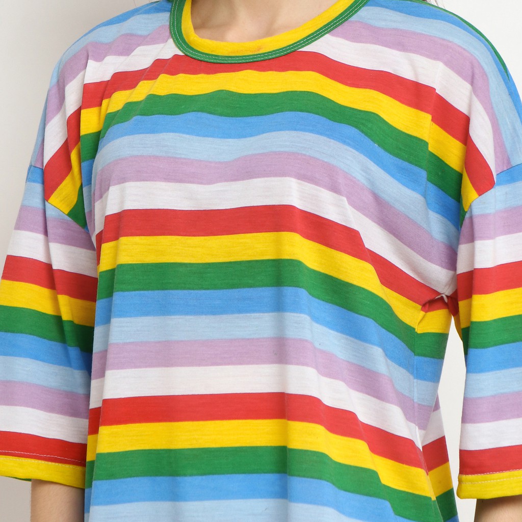 KAOS T-SHIRT ONECK MOTIF GARIS PELANGI SWEET CANDY RAINBOW - YELONIX